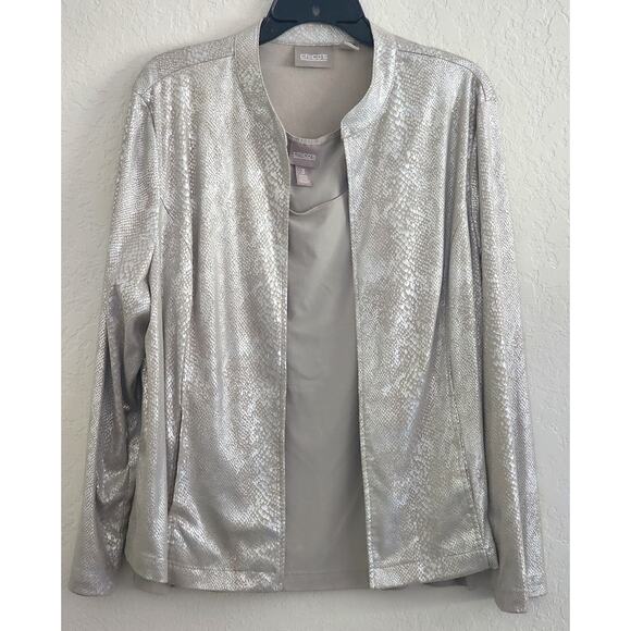 JACKET & MATCHING TANK-CHICO'S-Silver/Gray Snakeskin Like Material-Soft-Size 3/L - Picture 1 of 16